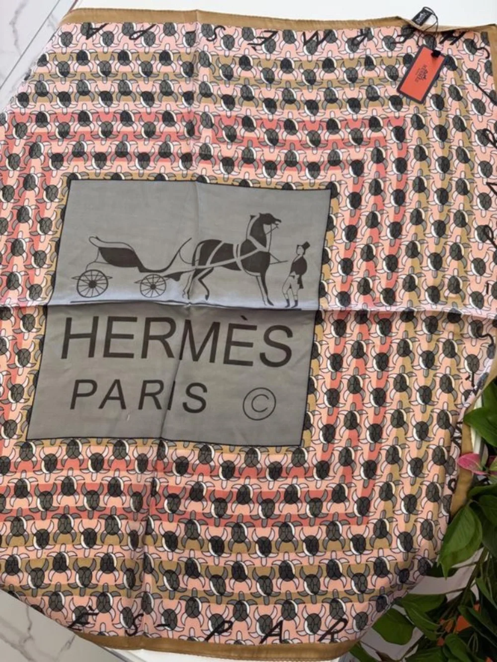 Square Silk Scarf Turtle Silver Pink Gold Signed Paris Luxury Designer Inspired